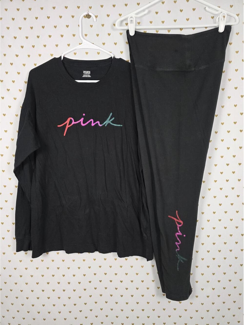 Victorias Secret PINK Gradient Rainbow Bling GLITTER Tee Shirt Yoga Pants SET L
